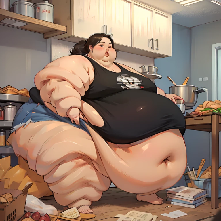 (masterpiece, detailed, realistic:1.3), young asian woman, beautiful, USSBBW, (morbidly obese, fatblob:1.5), nude, (detailed face, beautiful high aesthetic, (crying:1.2), (sad expression:1.3), surrounded by food, basement