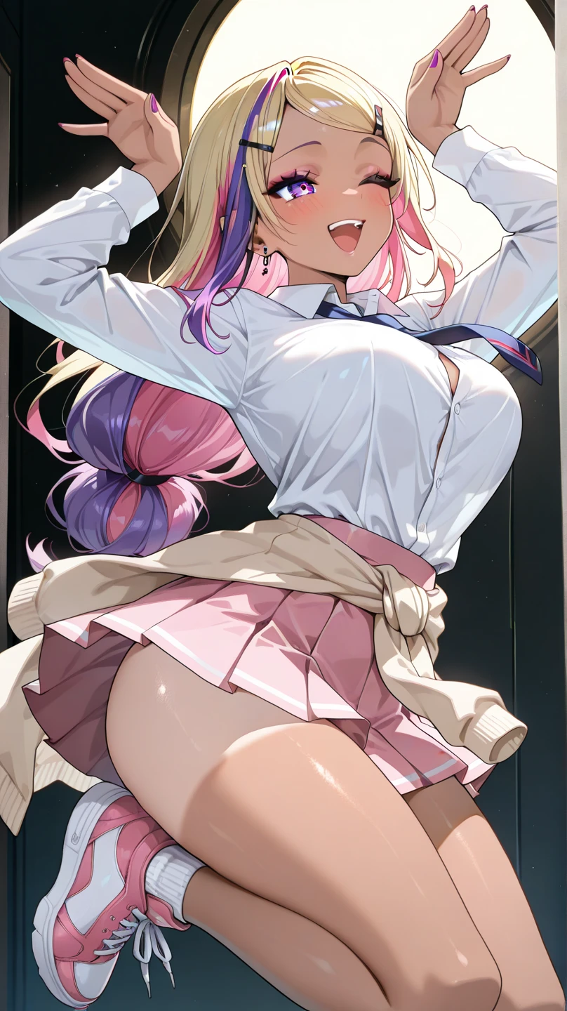 1 Female,High definition,high resolution,Ultra-realistic,8K, hy1, hair ornament, multicolored hair, necktie, skirt, sleeveless, , pink skirt, tight skirt,miniskirt, jewelry,European,sexy,Upper body close-up,Photographed from the front,Dynamic Angles,blush, medium tits, happy, wink the eye,facial, sweat,multicolored hair ,((nipples)),(wide thighs:1.4),(white panties),(show panties),(from behind),(huge ass),(show ass),(blush), detailed face, perfect hands