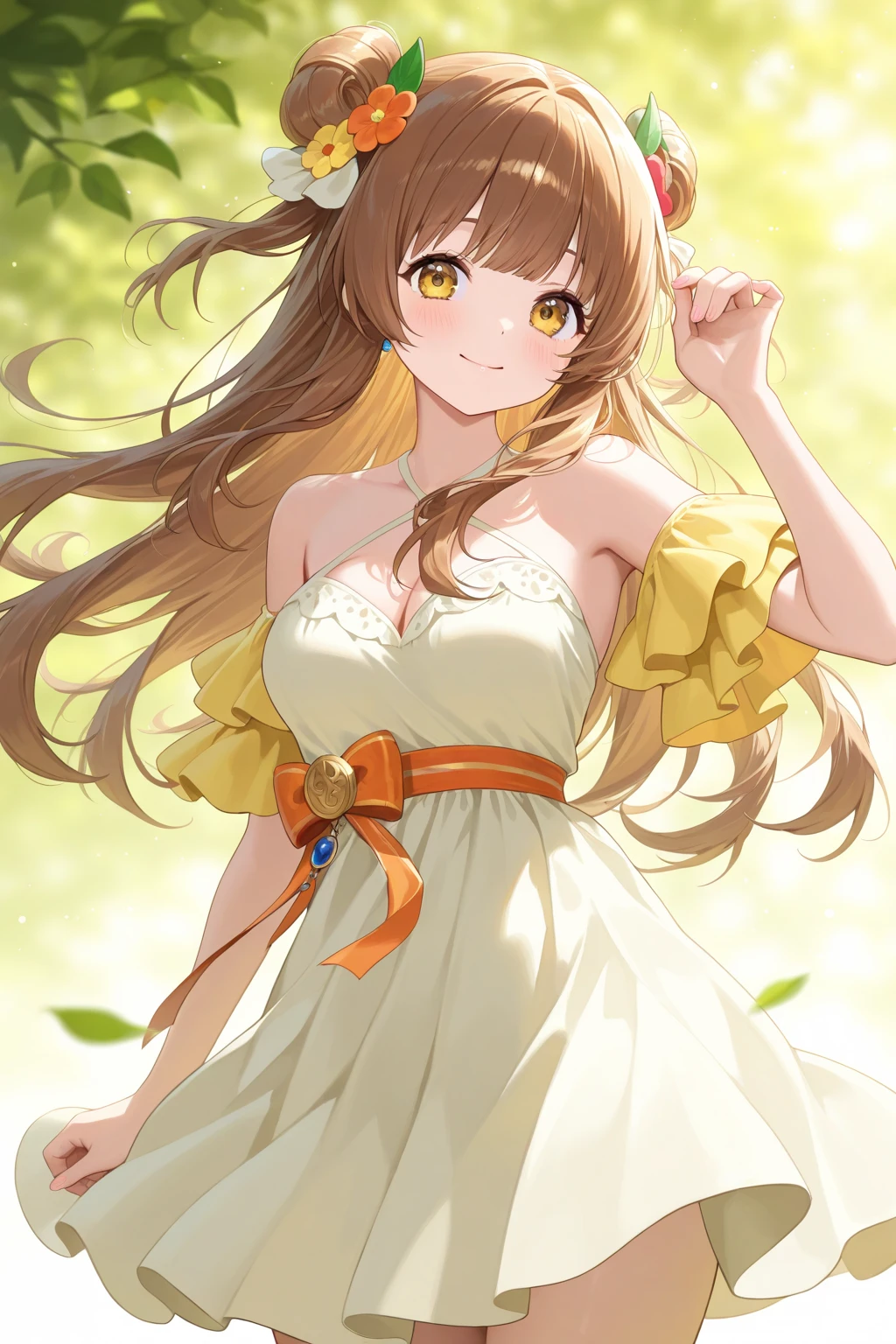 Beautiful woman wearing a negligee Making a peace sign and looking at the camera smile Brown Hair D cup chest garden noon sunny