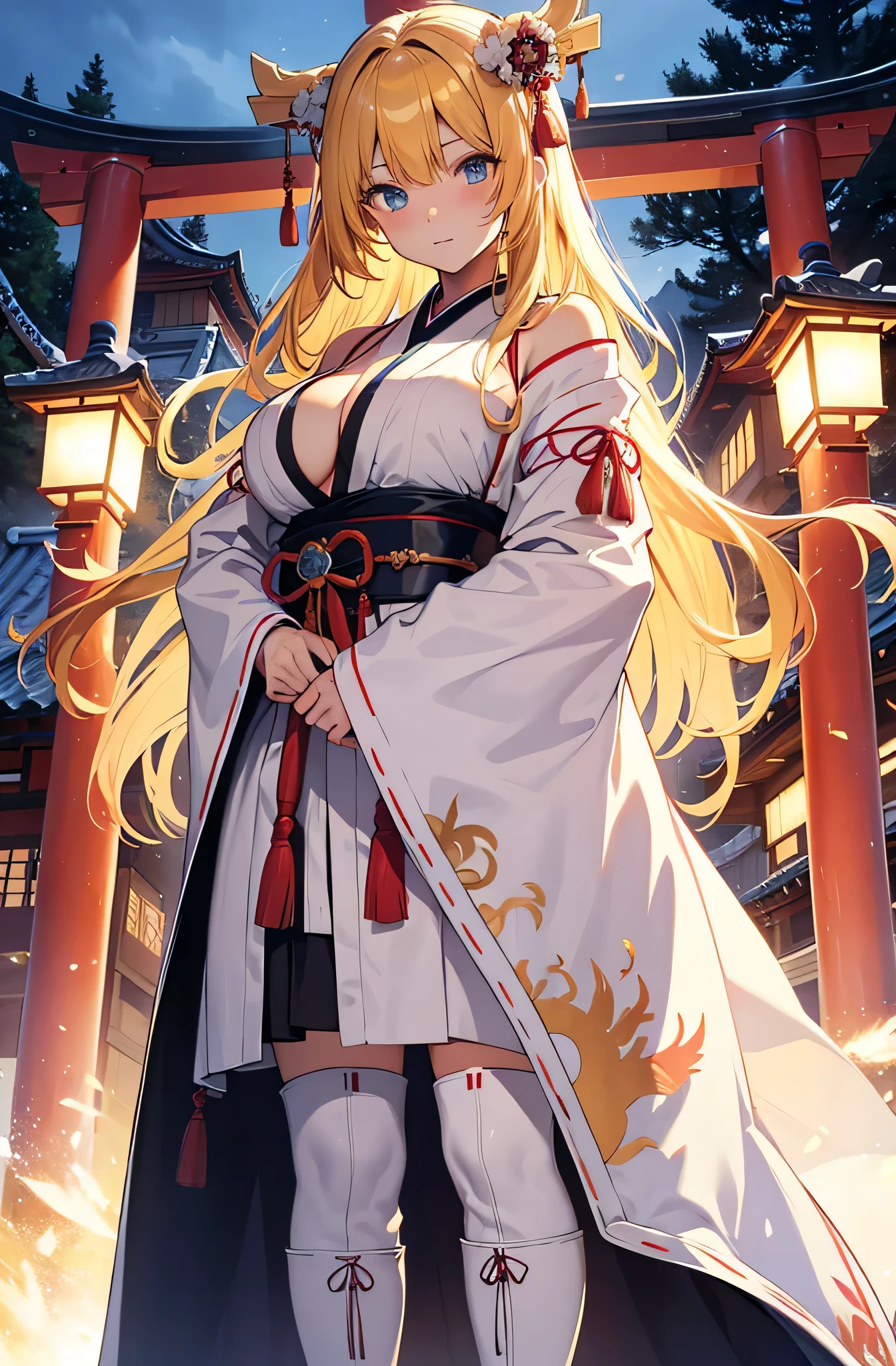 female up,shrine,torii,Moonlit Night,Toned body,Blonde,Long Hair,Golden Eyes,Hakama,Fox ears,Fox tail,Fox Mask,Large Breasts