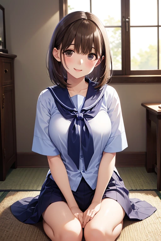 Short sleeves vaginal ejaculation:1.9. Eyes closed tightly, brows wrinkled:1.9 Turning face away Embarrassed Feels good Sweat:1.9. Sex:1.9 Penis inserted into pussy:1.9 NSFW Anime drawing with clear shadows 28 years old Female Solo Ponytail:1.9. Short black hair:1.9 Straight hair Swept bangs to the side Hair tie Brown eyes, tall, strong-willed, tall and slender, large breasts, narrow eyes, big eyes, bright eyes, beautiful, apartment room, summer sailor uniform:1.9 White with dark blue collar:1.9. Dark blue skirt:1.9 Sweaty, embarrassed, shy, on a white bed, legs spread