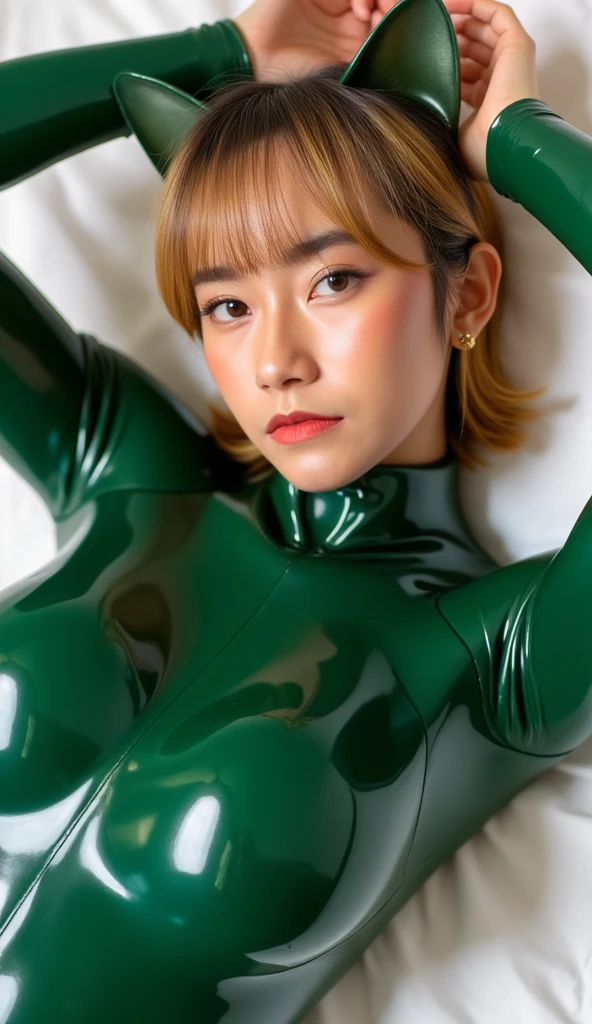 (masutepiece:1.0), (Best Quality:1.4), (A high resolution:1.2), (Photorealistic:1.4), (8K, Raw photo:1.2), (Soft Focus:1.4),There was a woman wearing a latex cheongaam leotard who is sitting on a chair and taking a dinner and taking pictures............................................................., full body Esbian, She is wearing a colorful latex leotard, She is wearing a slime leotard,high leg cut, Slime skin,leotard transparent, smooth tight leotard,cheongsam callor,latex leotard,, translucent skin,Latex, Translucent body, (white Translucent cheongsam:1.2),latex shiny,(latex gloves:1.2), The perfect leotard for your skin,bob hair,glossy shiny reflective,natural make up,goddess of Japan, Glossy skin,gorgeous  japanese model,Tecateca,shiny,Slimy,(Glossy thigh-high boots:1.2),In the crowded chainese restaurant,((the round table surrounded by a throng of girl wearing latex suit:1.4)),in front of round table,Smile ,close up