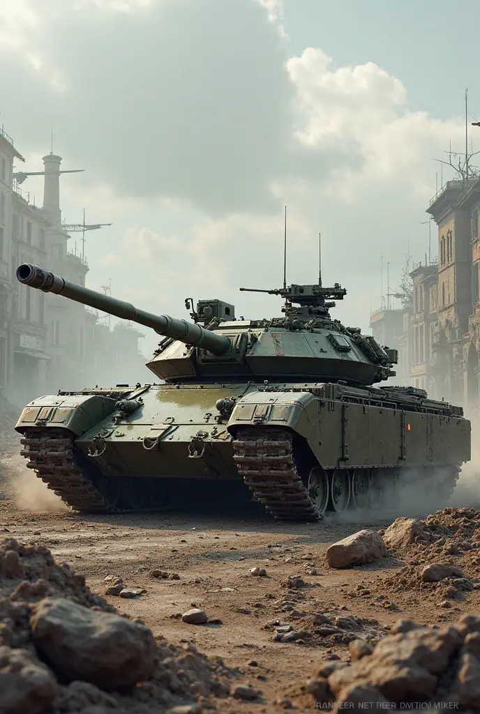 (medium full shot) of (heavily-armed mobile dark-green tank) with composite armor, electric, amphibious capabilities, camouflage foliage, set in a war-torn city, with ruined buildings and rubble-strewn streets, the tank engaging in urban combat, during a dawn operation, ,Masterpiece,best quality, photo, realistic, very aesthetic