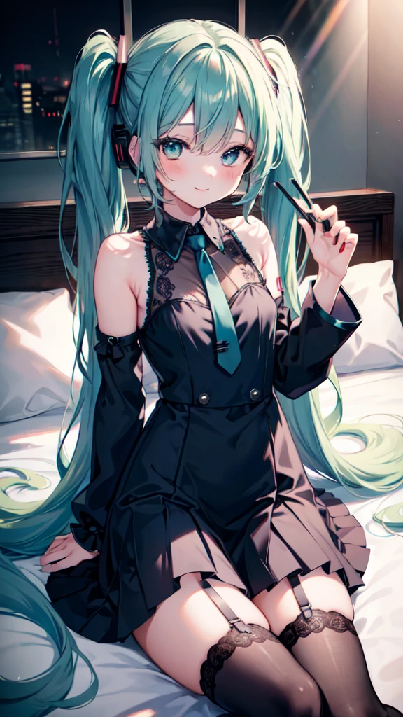 young girl, long turquoise hair, high ponytail, violet eyes, Purple rich dress, open shoulders, smirk, Masterpiece, hiquality
