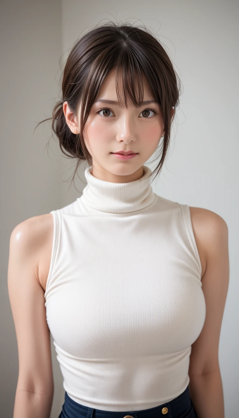 Highest quality, Realistic, 8k, High resolution, 1 girl, woman, (Skin Dentition), (Portraiture: 0.6), nice, (White Background: 1.82)), ((Big round breasts, Sleeveless white T-shirt: 1.75)), Straight Viewer: 1.8, (1 girl Eyes, Medium length hair, Brown Hair, Parted bangs : 1.65), Realistic, (Bokeh), (Mouth closed: 1.46), nice, Pure Eros Face_v1,((Natural big breasts:1.6)),((Upper Body))