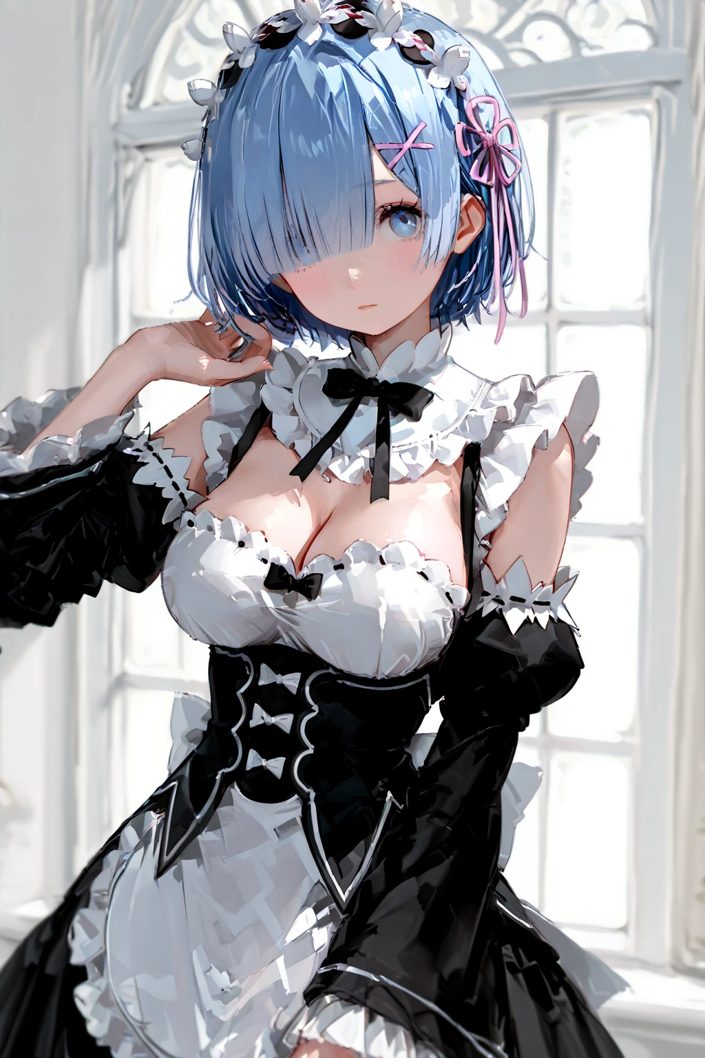R_big breasts and big breasts_M, 1girl,((beautiful face)) ,blue short hair, blue eyes, Hair Over One Eye, Hair Ornament, pink hair ribbon, Remu's maid uniform, detached sleeves, upper body, standing at,indoors, living room, Sofa, tables, window,4K