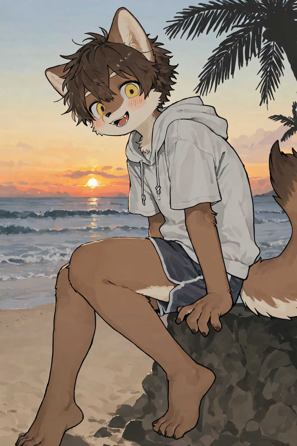 hairy girl, young, Fox, Brown spiky hair, Short pointed ponytail, Yellow Eyes, Small breasts, Detailed body fur, , masterpiece, Anime Style, Two-tone body fur, brown body fur, clear brown body fur, fox, tail, Detailed face, Thick eyebrows, Fine grain, Detailed body, Beach, sunny, Fine hand, Shining Body, Shiny body, Embarrassed face, :3, foot hits three toes,Completely naked,Completely nakedのまま,Naked,Lift both legs up,Please turn your crotch towards me,Pussy,おPussy,Embarrassed expression,Seen by everyone,Lifting both legs to reveal crotch and anus,The whole picture is visible,足The whole picture is visible,Show the soles of your feet,Pad,