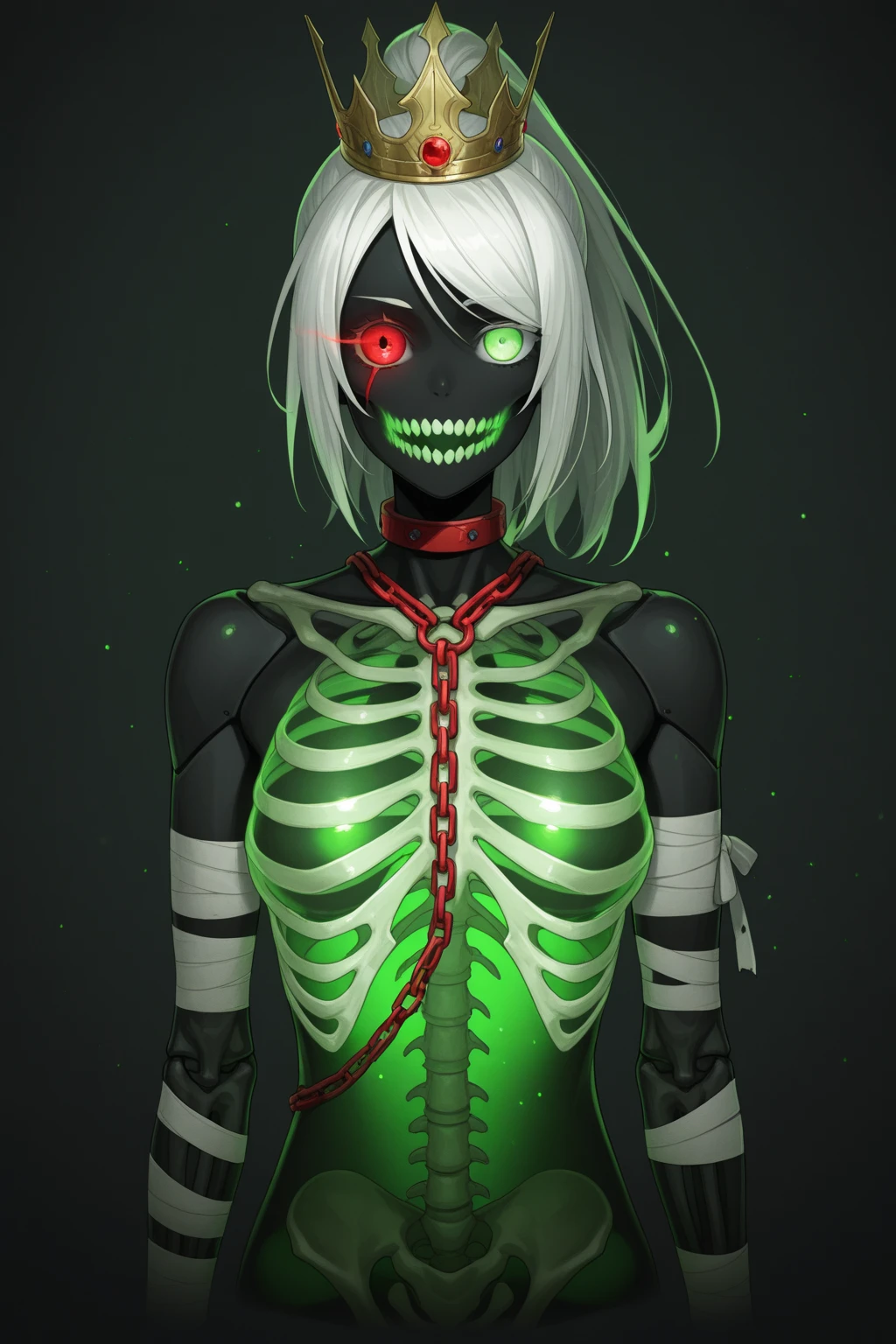 Undead skeletal zombie with open chest with a fungus inside Neon green with sprouts and roots covering the body Neon green eyes Destroyed ranger clothing Dirty arms covered by roots and legs with blisters covering his body Toxic neon green blood gray background look at us facing the viewer
