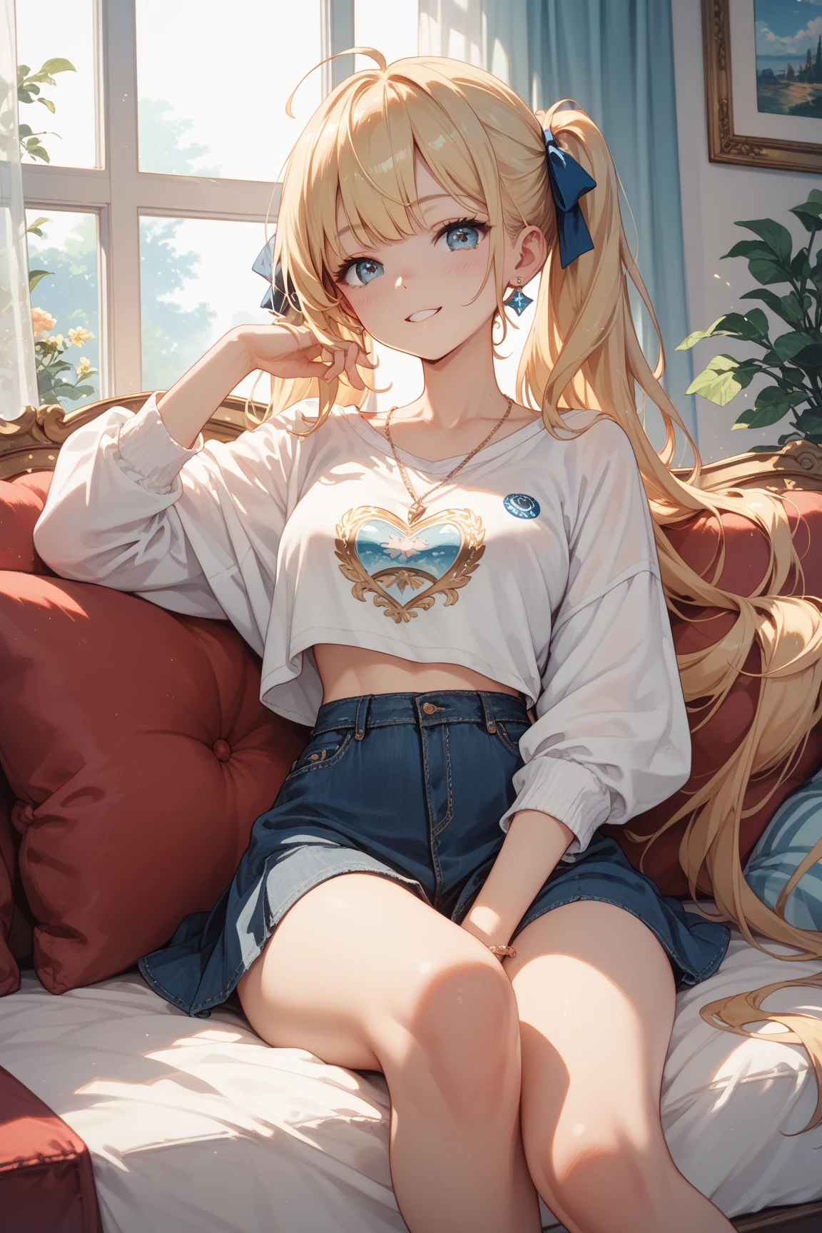 masterpiece, best quality, highres,
perfect anatomy,
solo, 1 girl,
light blonde hair, long hair, blunt bangs, straight hair, (large breasts:0.8),
(pale skin:0.8),
sit on chair,
(white shirt),
(low-rise jeans:1.3), pink lace panties, (visible top of panties:1.2),
cafe,