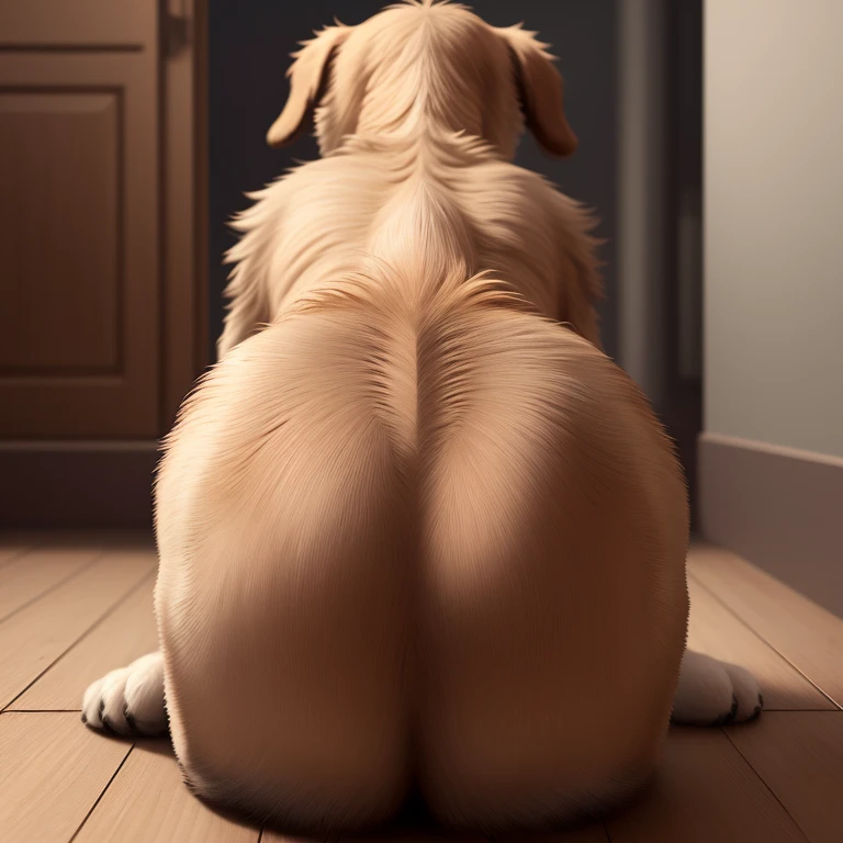 Dog Feral, perfect lighting, realistic body postures, fully body, full tail, realistic detailed tail, detailed fur, perfect shadows, 1girl, solo, looking away from viewer, detailed face, ((realistic proportions, feral proportions, animal proportions)), relax ed, (anatomically detailed correct canine pussy), rear view, cum leaking from canine pussy, golden retriever, gaping canine pussy