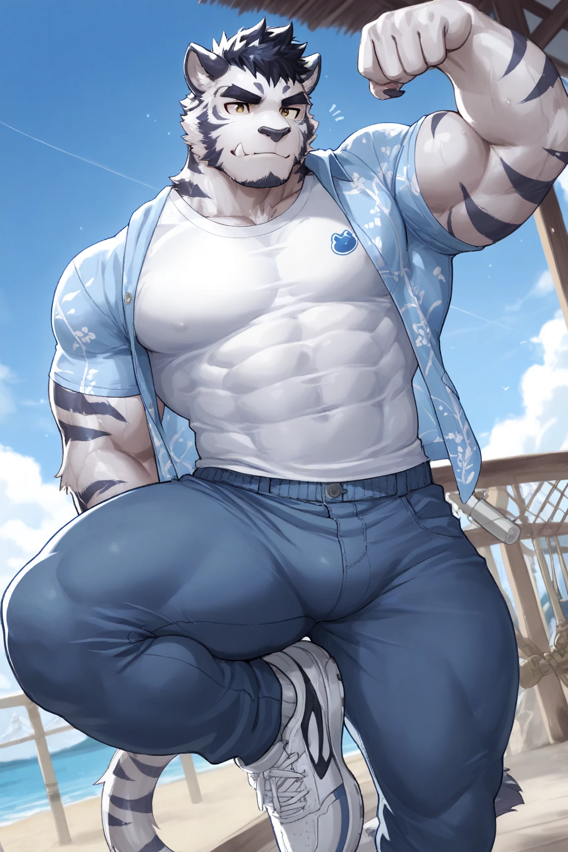 Hominidae, Pose for Camera. 4K, high resolution, Best quality, posted on e621, (Anthropomorphic white tiger:1.2), male people, 20yr old, Thick eyebrows, Light blue stripes, Ultra-short hair, shaggy, Strong body, large pecs, ((Shirtless)), He's exercising, Pink milk clusters, Black pupils, sweat leggs, White skinny shorts, Small raised, In the gym, 独奏, (sport, Muscular, Heavyweight:1.2), Correct anatomy, (by Chunie, author:Taran Fidler:0.8), (Detailed eyes:1.2), Sexy, (cel-shaded:1.2), cartoon shading, Serious expressions, Be red in the face, (view the viewer:1.2)
