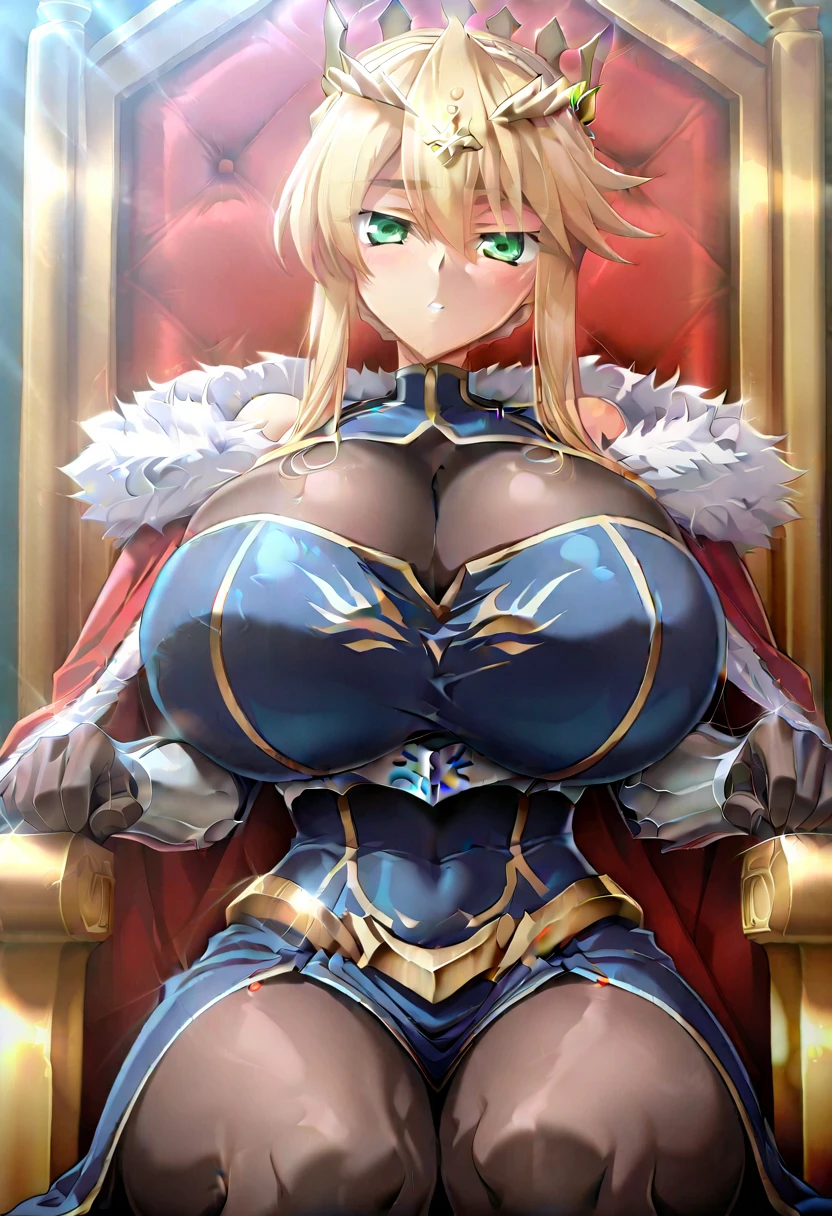 (best quality, highres), Artoria pendragon lancer, green eyes, COLORED EYELASHES, blonde eyelashs, big breast, artoriaLancer, braid, crown, turtleneck, cleavage cutout, sleeveless, blue leotard, gauntlets, seductive