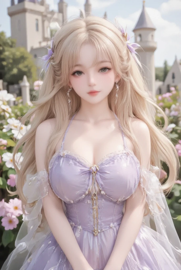 Female((30year old)), hair((wavy, blond hair)), eyes((big eyes, Violet eyes)), clothes ((crop-top, daisy print)), accessories ((topaz necklace)), gigantic breast, gigantic breast, korean makeup look, smiling, blank background, blank background, lipgloss,