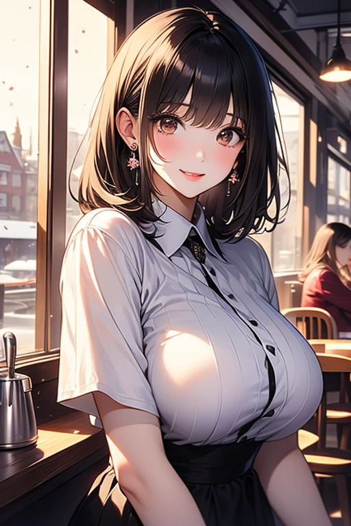 masterpiece,ultra detailed,hyperrealistic anime,curvy seductive woman,(tareme:1.2),thick lips,long black hair,blunt bangs,wavy hair,tube top frilled blouse,(low-rise skirt),see-through stole on shoulder,make-up,sitting at crowded pub,sweaty,look at viewer,aroused,pouting,(pubic hair),peace sign,