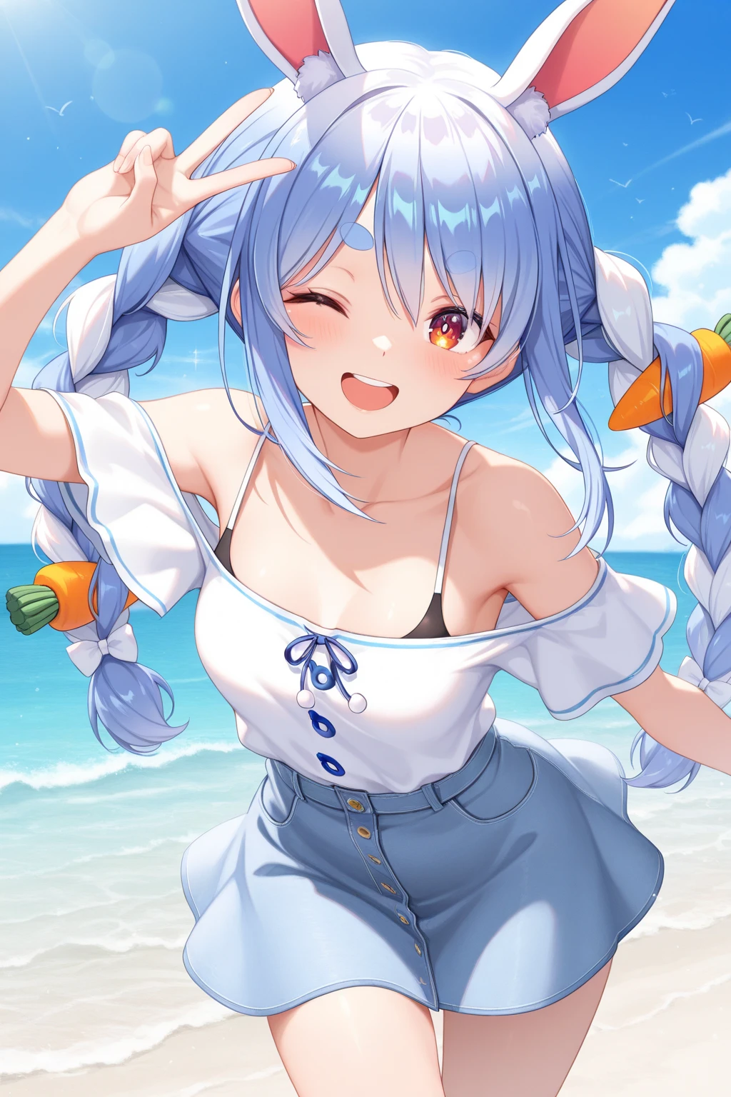 best quality, intricate details,  

1girl  pekora1, <lora:usadaPekoraHololive9_v10:0.8> 

 <lora:pockyKissDirectConcept_v10:0.8>def1, close-up, closed eyes, blush, upper body, outdoors, day, sky, simple background,