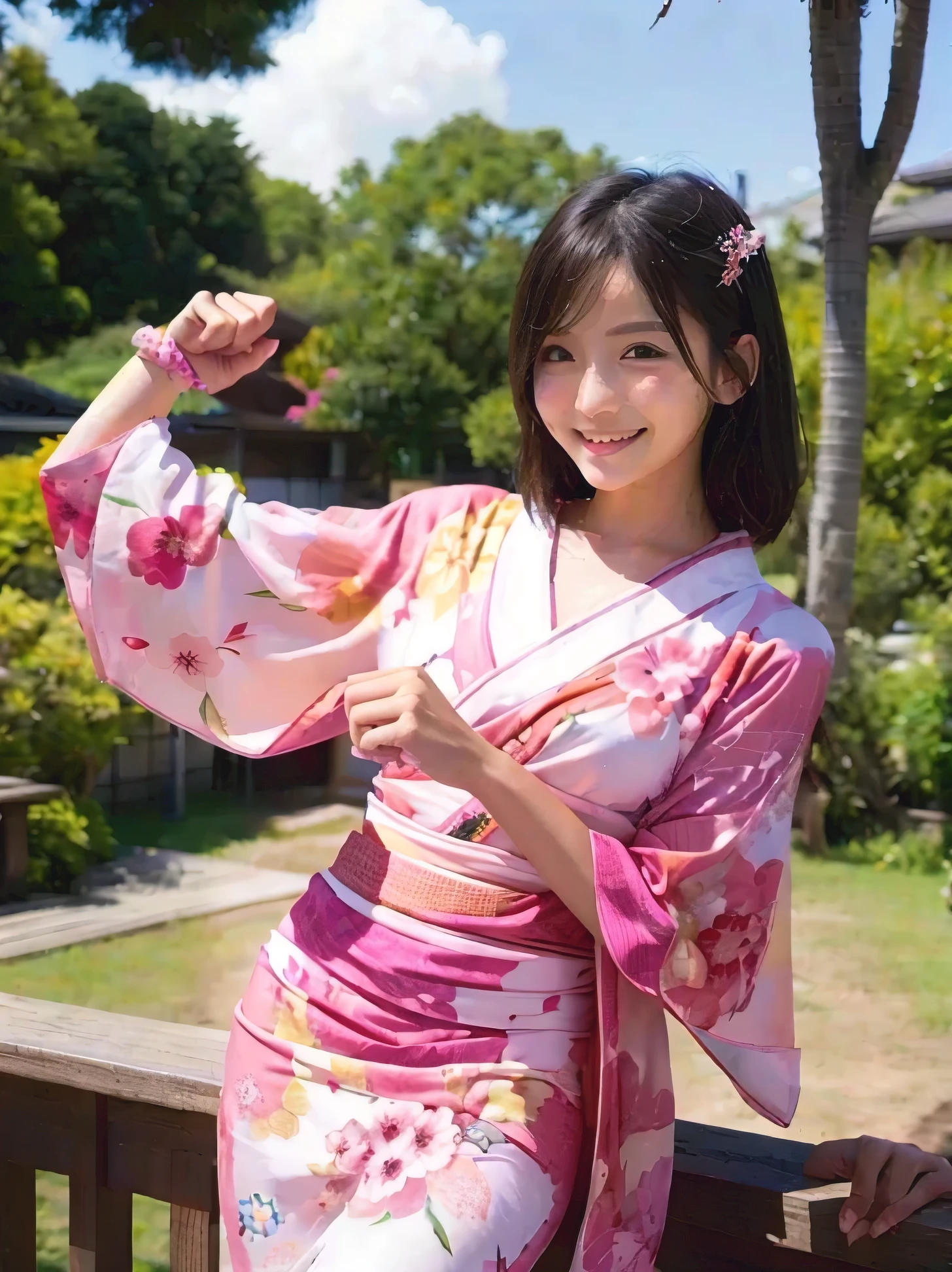 A beautiful girl in a yukata is dancing in the countryside