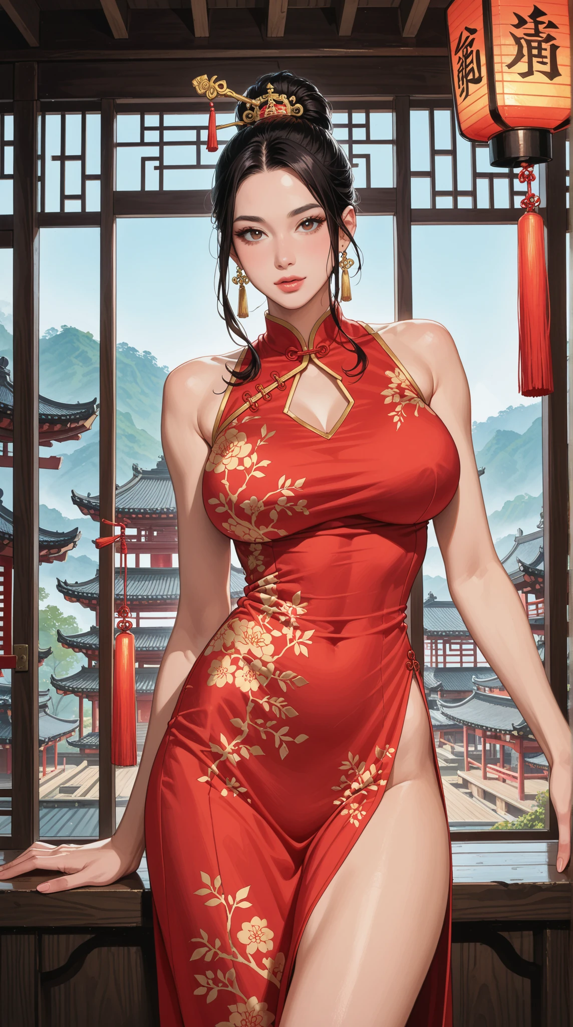 Woman Beautiful Big Tits Naked Long Hair Pull Up Her Hair Cignon Cheongsam Beach Real