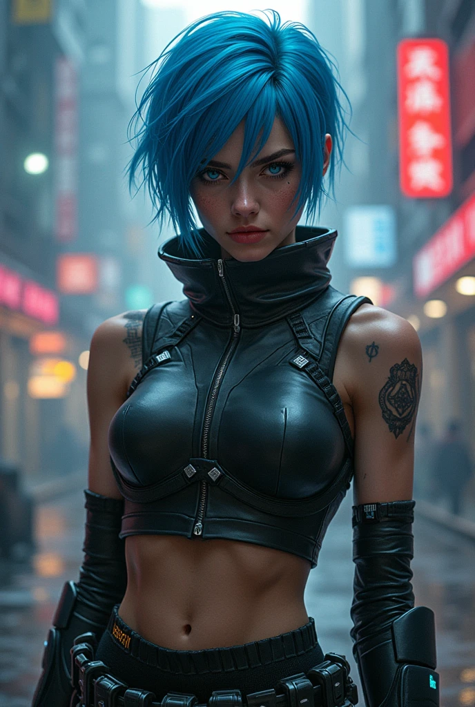 Masterpiece, (18 years old Kate Beckinsale:1.2), a full body shot, layered perspective, (a beautiful 18 years old cyborg with short blue pixie hair, wearing cyberpunk armor in the style of Ghost in the Shell:1.2), she is standing in the street in a dynamic pose, runners slim body, with a dystopian city street background, cinematic color grading, hyper realistic and detailed skin texture, depth of field, and intricate details, black and gold colors, (cyberpunk 2077 vibes:1.1)