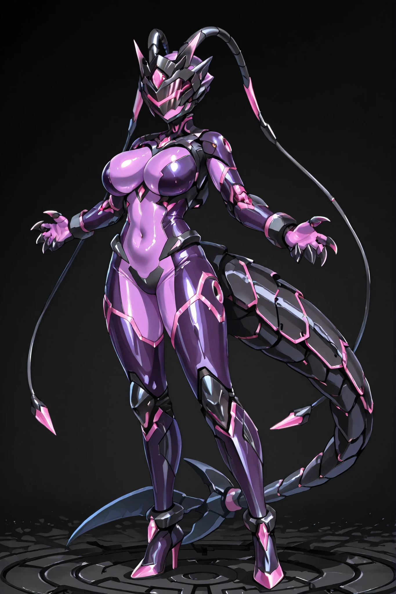 Cyborg girl. Visor with crystals covering her head. Tentacle antennae. Hands growing out of her head. Glossy. Purple bodysuit. Black mechanical bondage costume. Crystal claws. Sharp claws. Pink crystals. Pert breasts. Detailed navel. Sharp high heels. Crystal high heels.