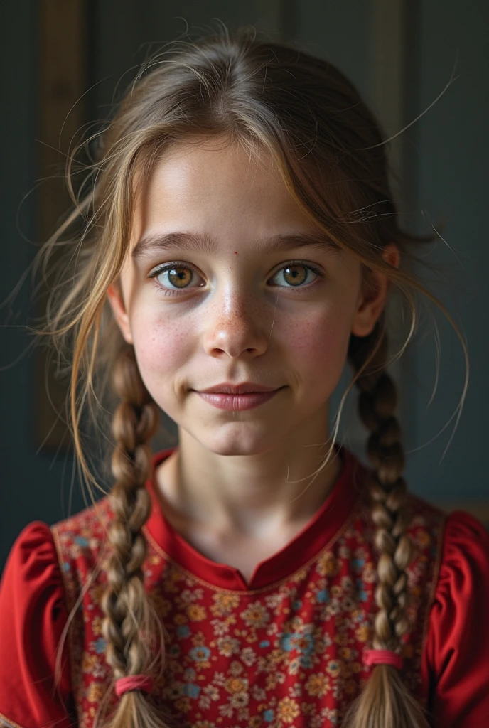13 year old, horrible smile, nasty, olhar malicioso, grey-eyed, abandoned city background with bluish tone with red, drawning, ful dressed, straight hair with braid above the shoulder.