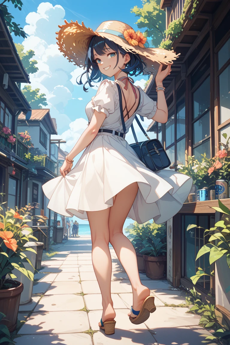 (A big rainbow floating in the sky after the rain)、Pretty girl looking up、sunny、anime style illustration、watercolor style、full body shot