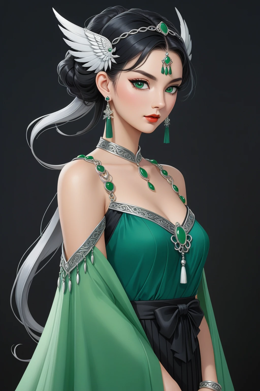 (ultra-realistic anime photography, full-body portrait, stunning 25-year-old woman elegantly styled with black hair, adorned in a breathtaking green dress, highly detailed features) --auto --s2