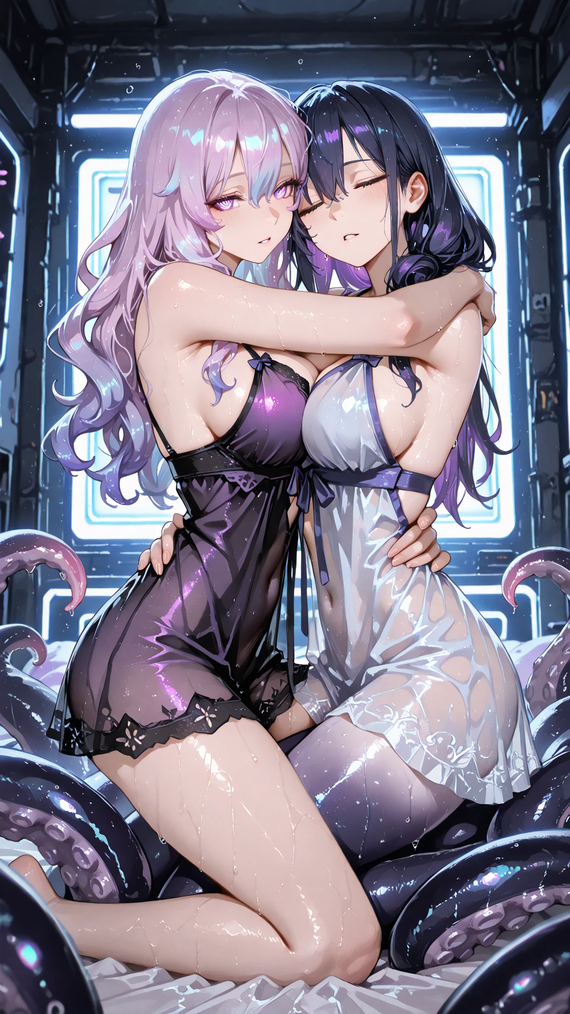 (2girls:1.4), (height_difference:1.7), (size_difference:1.3), (mature woman: 1.5), (yuri:1.3), (hugging:1.2), (:3), cute, (a giantess looking down at a girl: 1.2), (she is much taller than her: 1.5), looking at another, serafuku, (girls bedroom: 1.2), (foreshortening:1.3), hearts, cleavage, (rear_end:1.2), cameltoe, anime girl with colorful hair and a colorful dress, rossdraws pastel vibrant, rossdraws cartoon vibrant, anime style 4 k, beautiful anime portrait, artgerm colorful!!!, ! dream artgerm, beautiful anime girl, anime styled digital art, anime art wallpaper 4k, anime art wallpaper 4 k, digital anime art, extremely detailed artgerm, (naked), navel, bare shoulders, midriff, bare thighs