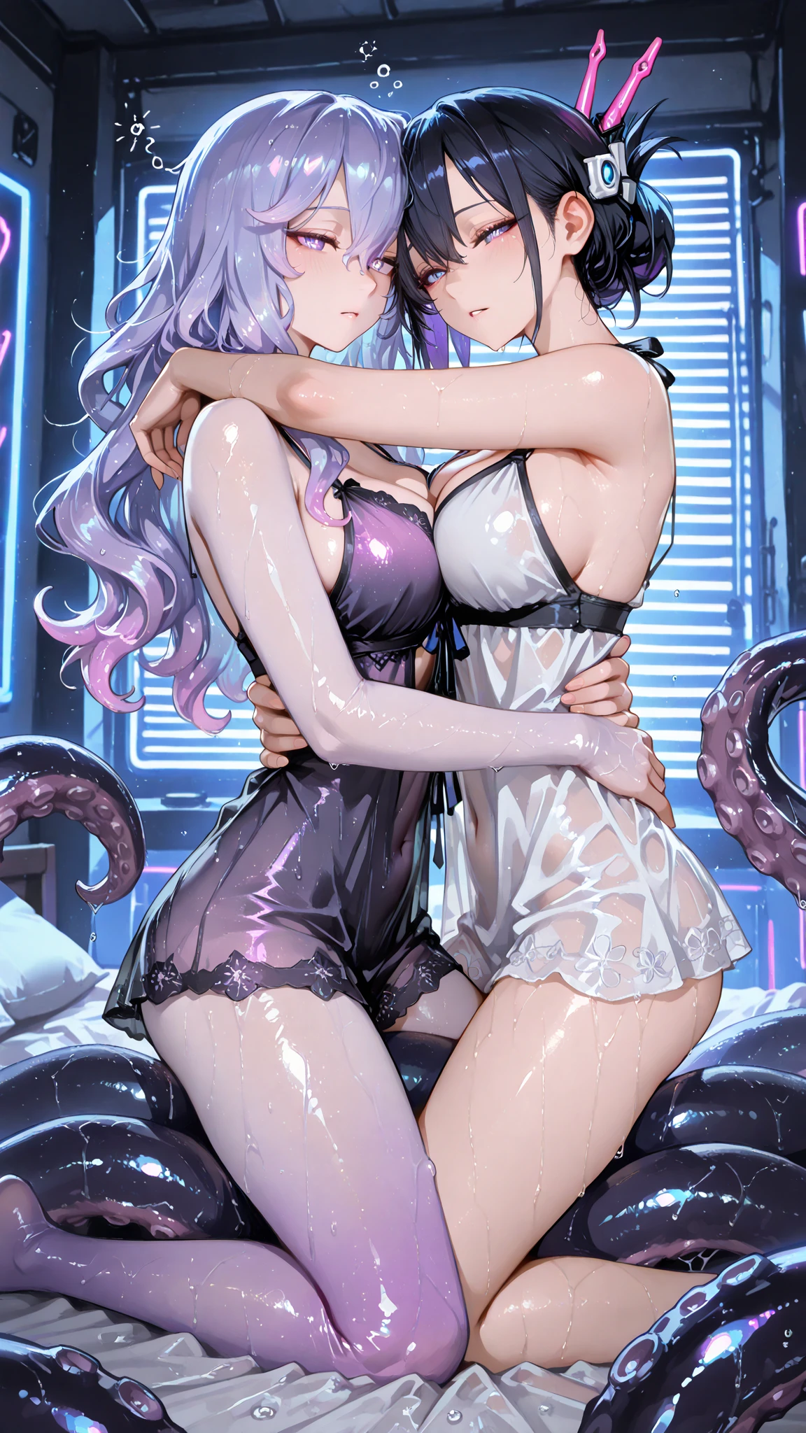 （Two Female Devils，Poses to seduce,Different hairstyles、Different hair colors、Different skin tones、androgyny，Lewd tattoos），超A high resolution, Best Quality, masutepiece, ((choker necklace, piercings, Obscene lines, bondage outfit, Open your mouth wide, Stick out your tongue to accept,  a ring with your finger、(White liquid on your face), (White liquid dripping from the mouth), Tongue sticking out, (White liquid accumulates on the tongue), Ecstatic look, Tempting smile、There  a large amount of white liquid in the mouth, White liquid on the chest，Dynamic poses to seduce、Slime and assimilated clothes、demonic horns、Devil's Wings、demon tail、Devil's Claw、devil's fangs、(Dressed in tentacles、White liquid  coming out of the tips of the tentacles)、(Summoned from a magic circle、Using spells、Seduce surrounding men)