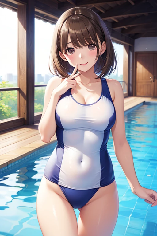 (((masterpiece))),(((High resolution)))、(((8K)))、(((perfect face)))、(((beauty of japan)))、30 years old、(((beautiful face))), (((school swimsuit))), embarrassed look, look at the camera, top quality eyes, detailed texture, look at the camera, standing, all body
