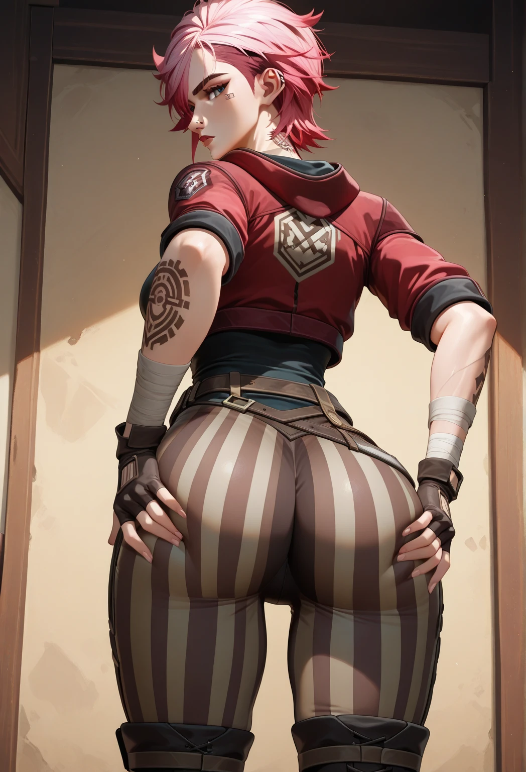 masterpiece, best quality, purah, red glasses, hair ornament, hair stick, red headband, white shirt, white jacket, black skirt, orange leggings, high heels, standing, perfect booty, round heart shaped ass, smile, from behind, looking back, thick thighs, garden, hands to hips