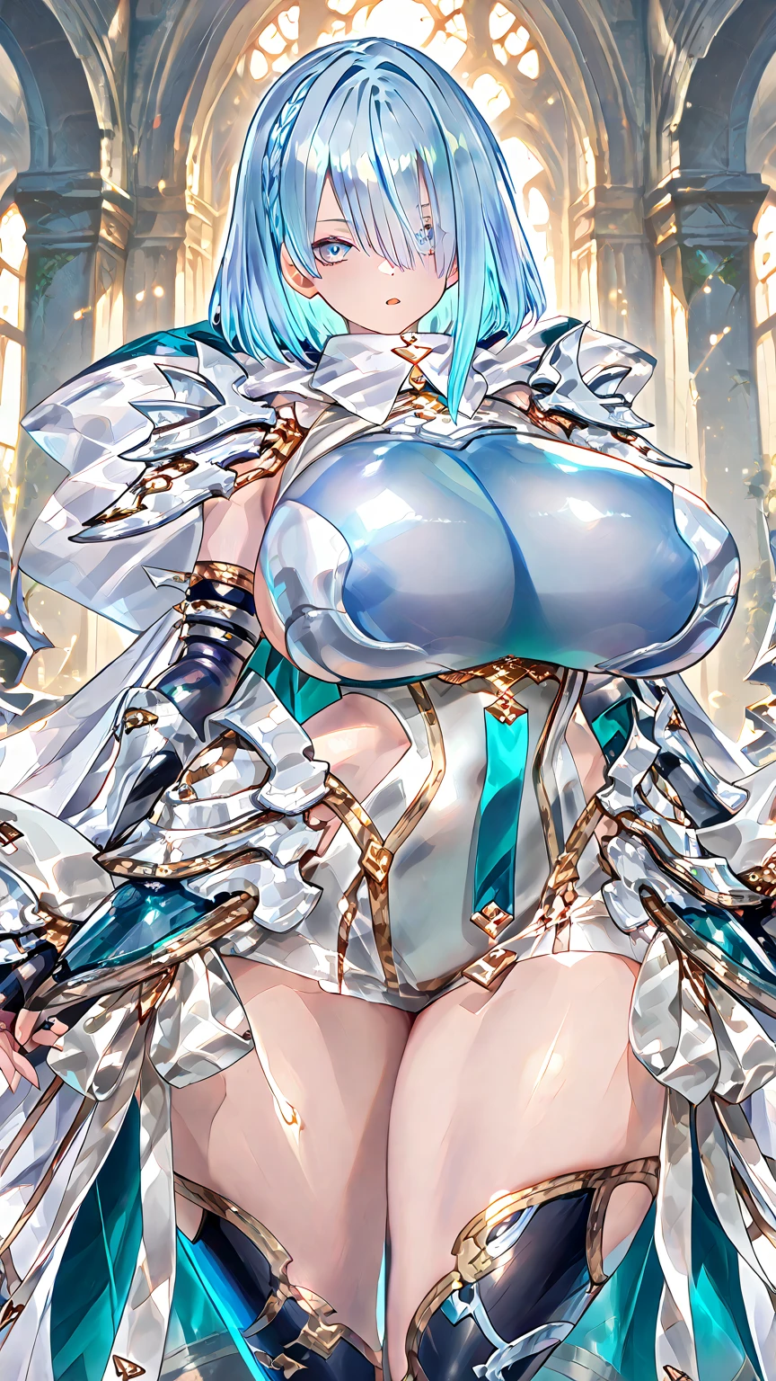 (masterpiece), best quality, expressive eyes, perfect face,1girl,clorinde,genshin impact,arena,lightning in the air,lightning bolts,smile,blush,cowboy shot,glowing eyes,big breasts,cleavage,long hair,bare shoulders,(magical girl:1.4),frilled dress,(showgirl skirt:1.2),studio lighting,(sparkle:0.9),(glitter:0.9)