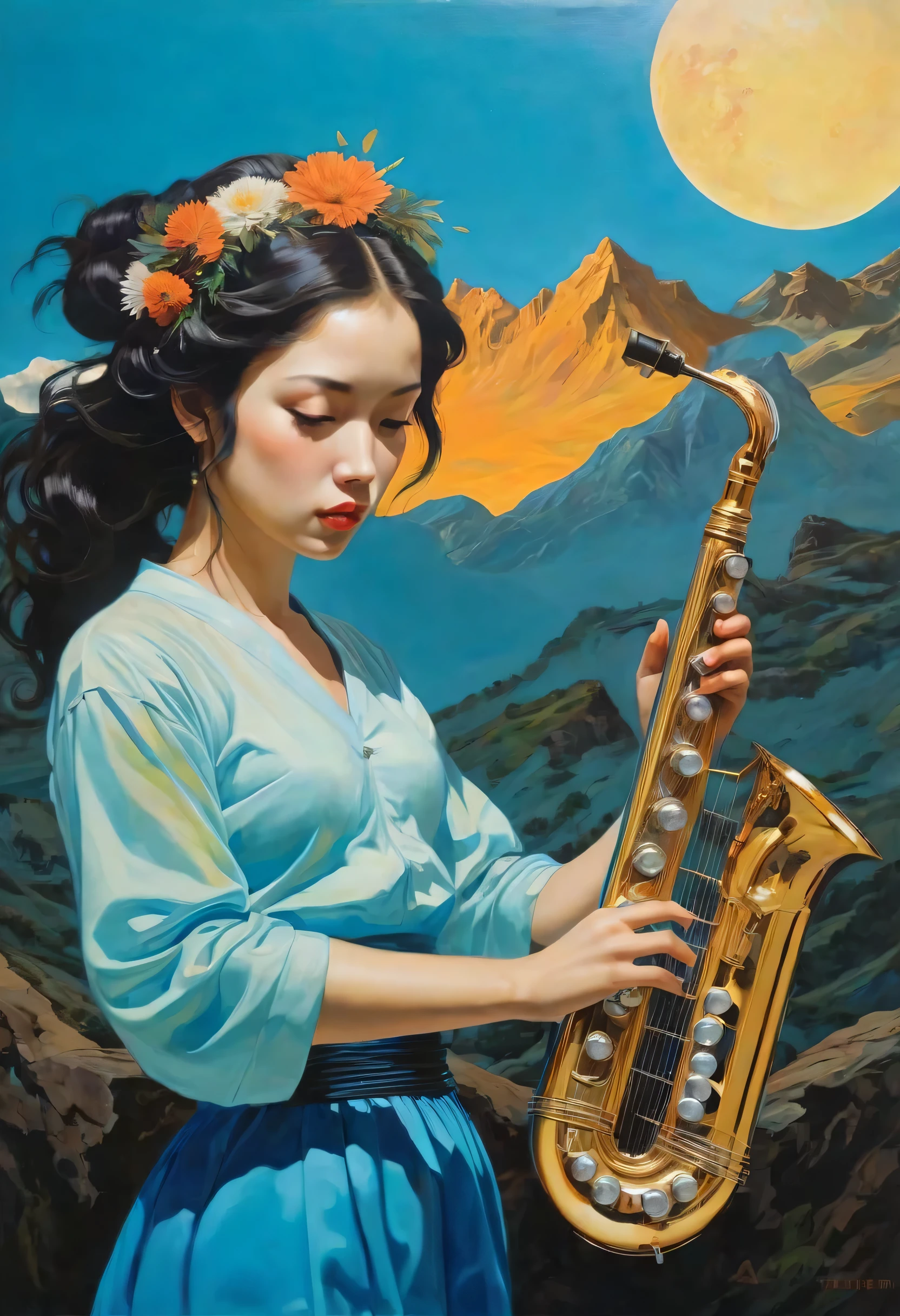 Surreal Harmony、 collage painting , foreign、((girl playing quena)), Light Aztec sound、poop poop、condors fly on the back、 wire, big harmonica, Nature, science, Dramatic, sexy, romanticism, surrealism、 neoclassical , Experimentalism, Baroque, Impressionism , expressionism, unexplainable beauty , avant-garde , art deco , Art Nouveau, science fiction, Andrew Wyeth , (( earth-colored、girl who likes music ,blue neon color palette)), Clear, masterpiece