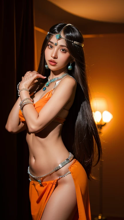 a woman in a sari posing for a picture, Asian goddess, traditional beauty, Asian, beautiful goddess, ornate cosplay, intimate style, Asian super model, beautiful maiden, gorgeous woman, south east asian with long, provocative Asian, gorgeous beautiful woman, intricate outfit, aesthetic, beautiful asian girl, extremely detailed goddess shot, jaw-dropping beauty, small  deep cleavage sexy navel