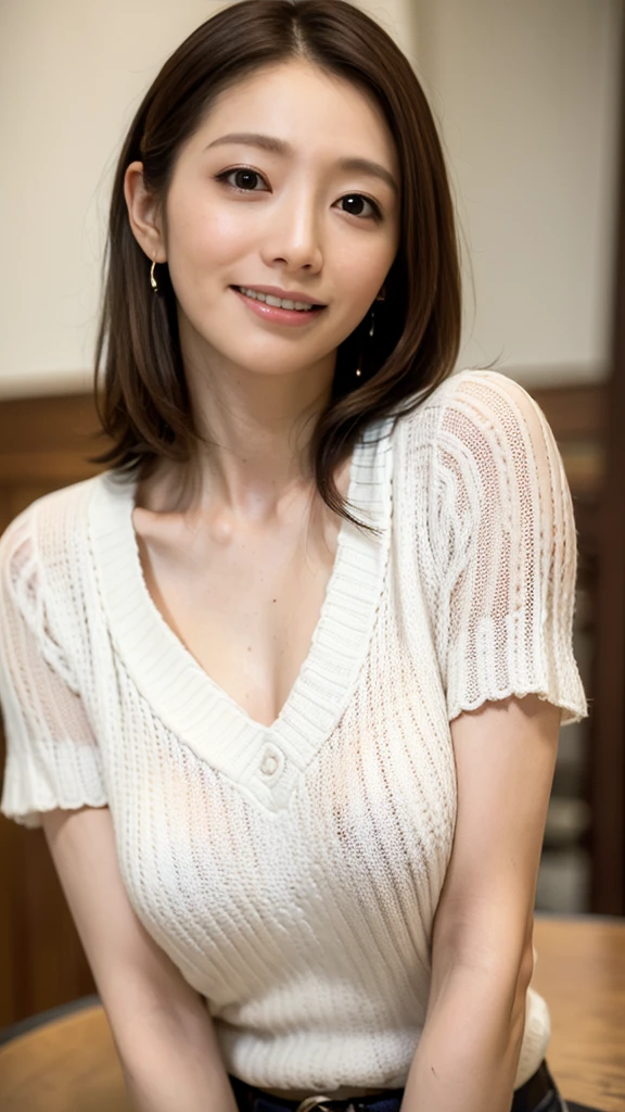 (Highly realistic photos, High resolution, Detailed face, Beautiful Eyes), Photographed in front of a white wall、Japanese women, 40 years old, various expressions, alone:1, Slim figure, ((ponytail、Updo, short hair)), White skin, light makeup, Chest 40 inches, Breast swelling、Wearing a grey knitted dress,Wearing a V-neck dress,Serious expression、White wall background, Upper body portrait, 超High resolution、Bright white light illumination、Facing forward