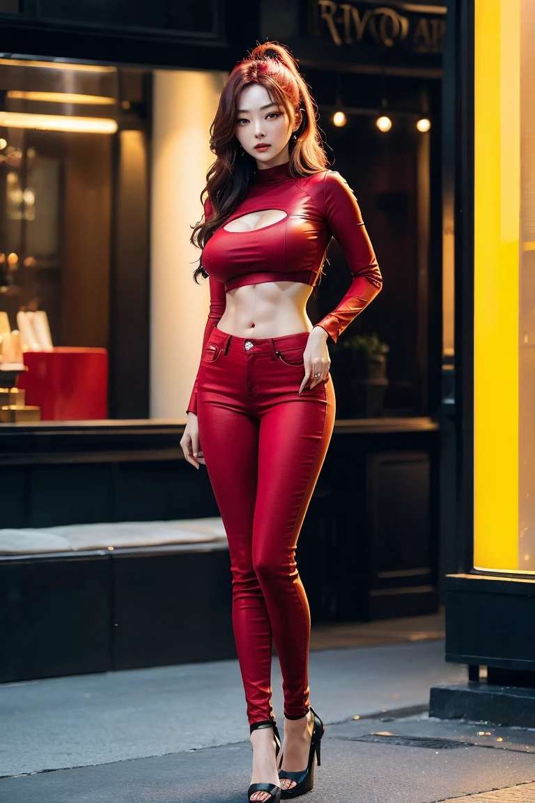 (RAW shooting, Photoreal:1.5, 8k, highest quality, masterpiece, ultra high resolution), perfect dynamic composition:1.2, Highly detailed skin and facial textures:1.2,beautiful and aesthetic:1.2, full body photo:2, sexy beauty, perfect style, belief, Strong-willed, revenge, Fair skin, very beautiful face, (large breast:1.8, Chest gap:1.8), (beautiful eyes)(1girl, tall, long legs, navel:1.2, makeup:1.2, single braid, thicc tight:1.4, red top,sleeveless,belt:2,red pants:2,plunging neckline:2),(simple background:1),(knees together),