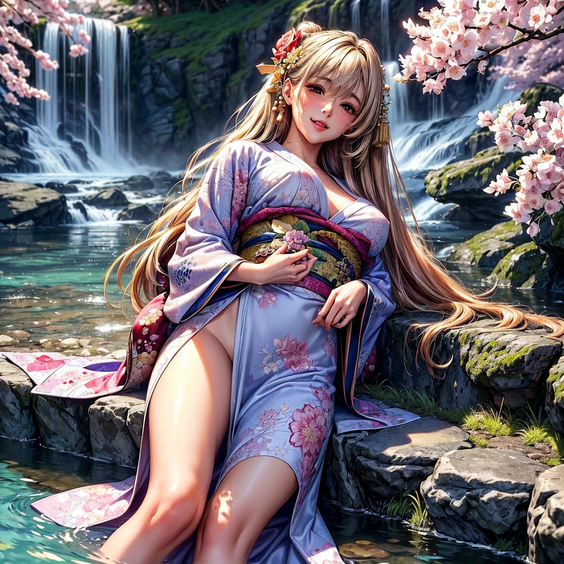 (((highest quality、masterpiece、very high resolution、highly detailed images、Detailed details)))、(A woman of perfect and ultimate beauty:18-year-old, beautiful body:Slender and beautiful breasts、beautiful face:smile、beautiful hair:various hairstyles)、(best skin and hair texture)、(((フルnude:nude:have pubic hair:1.5))),(Mystical Waterfront:beautiful waterfall and cherry blossoms,fantastic night sky,Natural light,beautiful scenery,beautiful scenery,Beautiful colors),(beautiful pose:bathe in waterfall water,model shoot,Hair flutters under the influence of the wind),(realistic portrait,Overall image、highly detailed images、accurate image、accurate anatomy、Image without defects,perfect image,Overall image),(best shot,RAW photo:1.2)