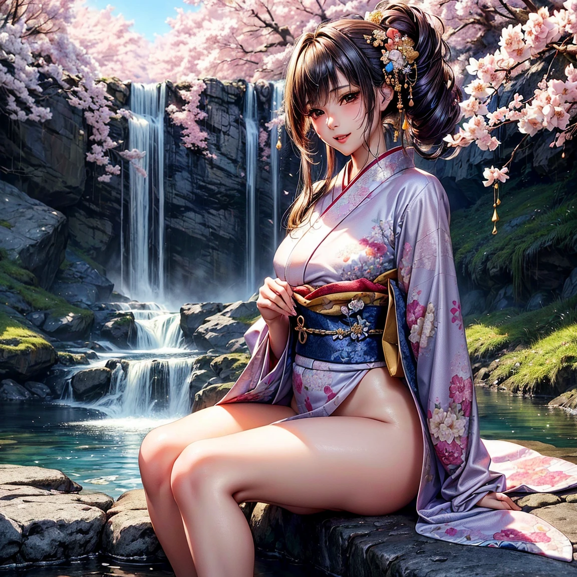 (Highest quality、masterpiece、Very high resolution、Ultra HD、2.5th dimension 1.5)、(A woman who combines perfection and ultimate beauty:1 person、Highly detailed face、Highly detailed body、18 years old 1.5)、Beauty Painting、Realistic portraits、Beautiful body、Beautiful Face、(Perfect figure:Beautiful Breasts F Cup)、(Medium Shorthair 1.5)、(Mr.々Hair style、Beautiful Hair:red)、(((Upper body naked:nude:フルnude:1.5 Female organs:pubic hair)))、(Realistic textured skin and body、Realistic breast texture:1.5)、(Beautiful posture、On the front、front:1.5)、(Model pose、Sculpture Pose、Photo engraving、photo shoot:1.5)、Bright smile、Open-air bath at dusk、Natural hot springs illuminated by the setting sun、sunset、Natural open-air bath、Hair flutters under the influence of the wind、Styling hair by hand、Cherry tree in full bloom、The cherry blossoms are beautiful、Beautiful views、Beautiful sunset、(Exact details、Detailed Images、Accurate Images、Perfect Image 1.5)