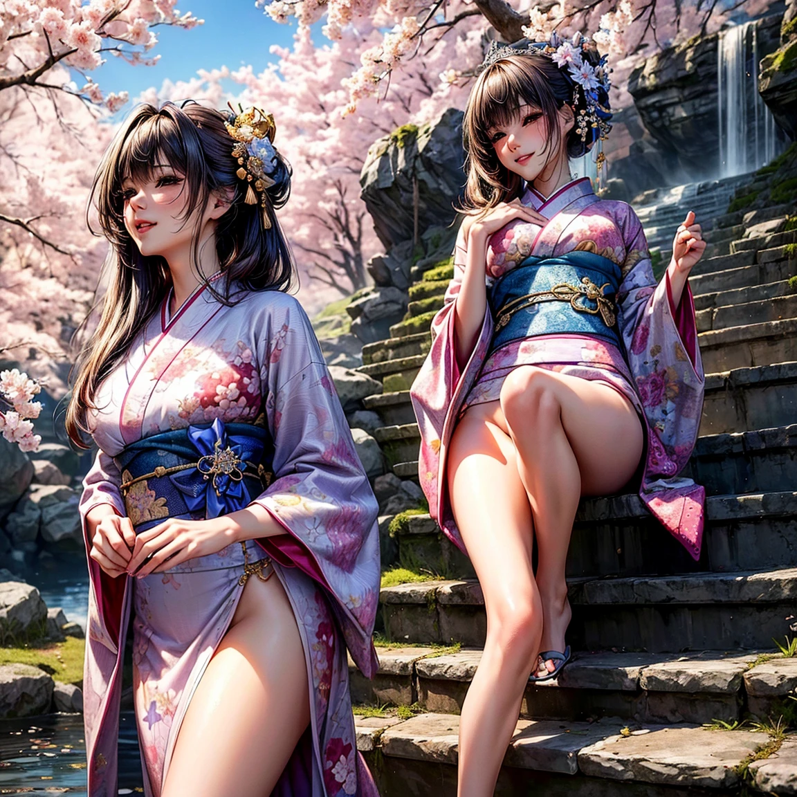 masterpiece, ((Highest quality, Detailed and realistic 3D))、Many cherry blossoms、Beautiful night view、(Two cute、A good friend、dance、kawaii:1.4、12 years old、smile:1.3、smile、Mr.々Hair style、pubic hair)、(((Full nudity、Exposing the breasts、Pussy)))、(Beautiful Nature、river、Realistic and detailed skin texture、Light colored yukata:1.2、See-through)