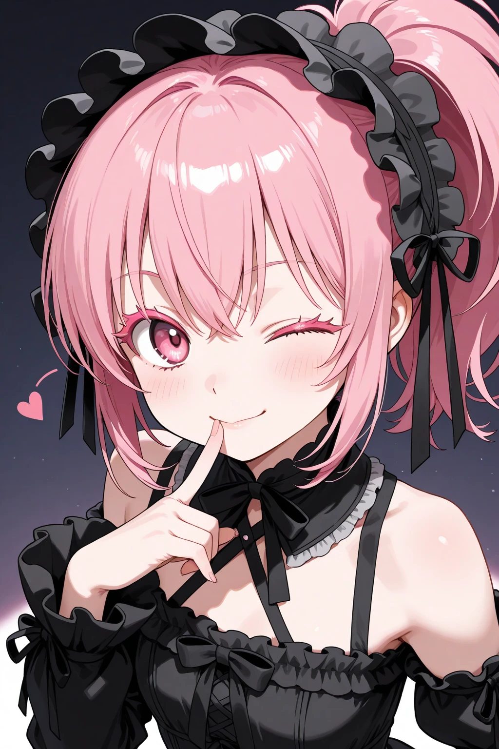 anime, hdr, soft light, ((best quality)), ((masterpiece)), (detailed), <lora:ram_rezero_v1_2:0.6> ram1, ram_(re:zero), (hair over one eye:1.1), short pink hair, red eyes, x hair ornament, purple ribbon, finger on mouth, open mouth, Tongue out, simple background, <lora:delicious:0.4>