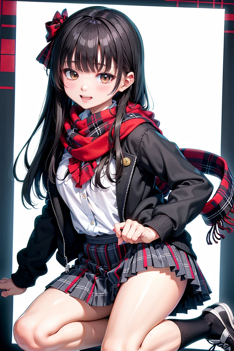 a beauty girl，girl with，a smile，Nice jacket with black uniform.，Ribbon on uniform、premium，masterpiece，colossal ，超High resolution，multicolor fur，Excellent style，perfect facial features，a beauty girl，modeling，girl，long，masterpiece，loose socks，