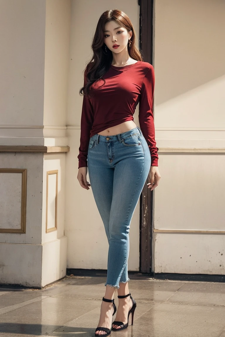 (RAW shooting, Photoreal:1.5, 8k, highest quality, masterpiece, ultra high resolution), perfect dynamic composition:1.2, Highly detailed skin and facial textures:1.2,beautiful and aesthetic:1.2, full body, sandals, Fair skin, (large breast:1.4, Chest gap:1.4),(earrings,necklace,1girl, tall, long legs, makeup, brown hair, single braid,perfect thigh, tight red top,sleeveless,tight red long pants, belt),(simple background:1),