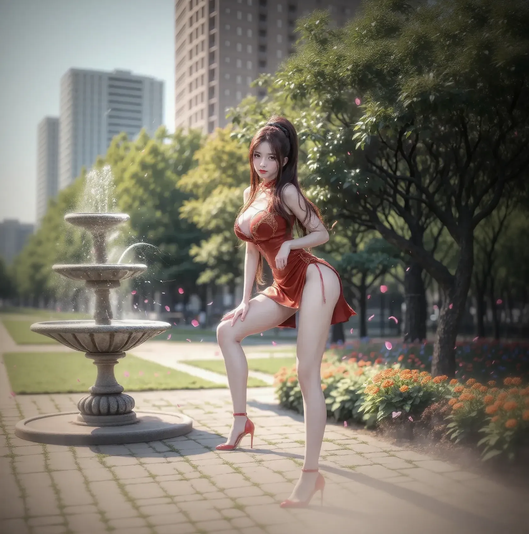 there is a woman in a bikini posing in front of a gazebo, A sexy maid in a magical forest, Belle capture d'screen, corps parfait photoréaliste, tenue fantastique, le personnage est dans sa pose naturelle, realistic shaded perfect body, warm and sunny, Very detailed, highly detailed Tout le corps, Tout le corps:: sunny weather::, <MMORPGS scene, pose de lancement de sorts