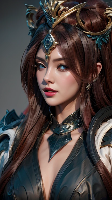 Close up of a woman in shiny costume, with horns, jewelry, realistic anime girl rendering, 3 D rendering character art 8 K, WLOP glossy skin, glossy digital painting, rendering in SFM, smooth 3D CG rendering, high resolution rendering, divine rendering, anime style 3D, rendering of a cute 3d anime girl, April rendering