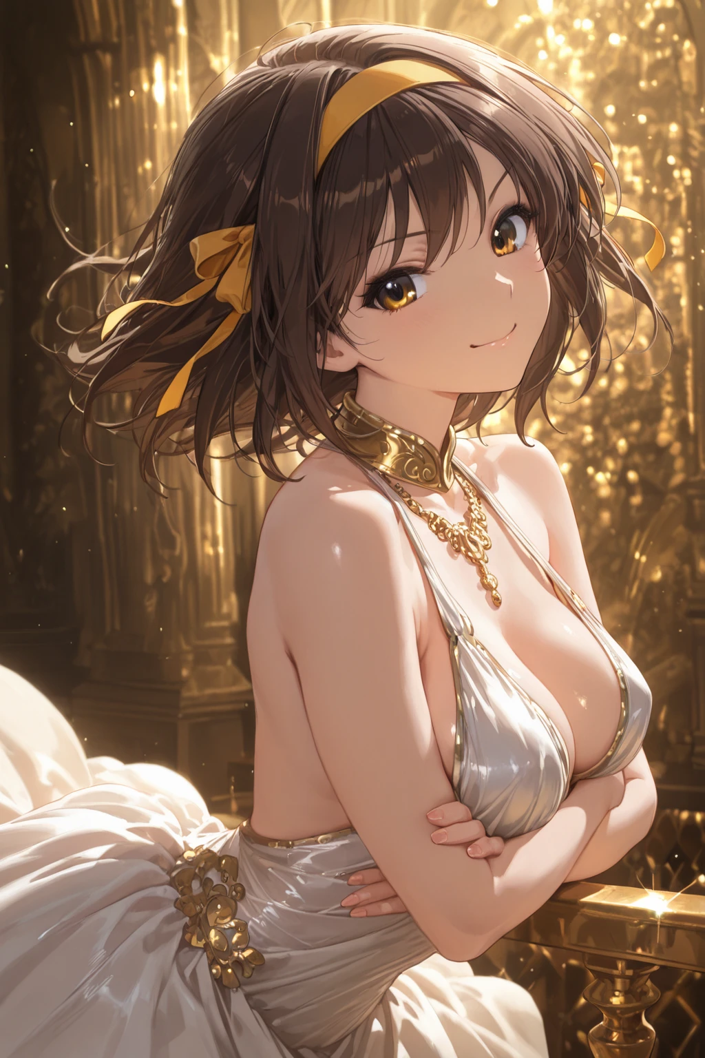 top-quality、Top image quality、matikanefukukitaru \(umamusume\)、​masterpiece、girl with((20yr old、Best Bust、big bast、Bust 85、Breasts wide open、A slender、Large valleys、Gold Bikini、Gold Dress,Leaning forward、Reflecting the whole body)）hiquality、Beautiful Art、Background with((Luxury Hotels、Golden Chain、Window with night view)))masutepiece、visualart、depth of fields、