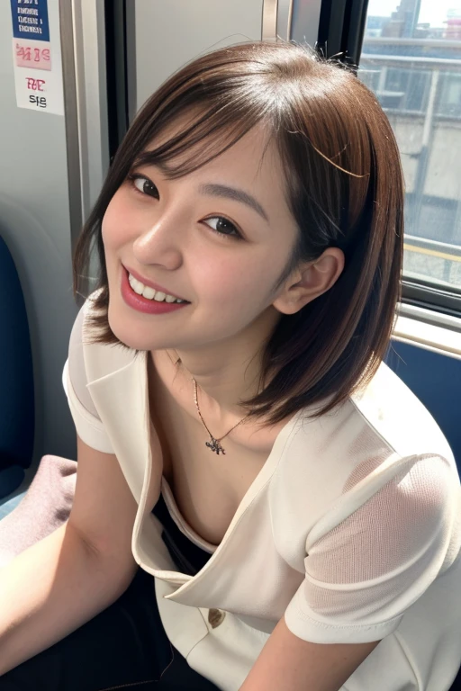 (Raw photo), (Photo realistic), (masterpiece), (Highest quality), High resolution, 8K resolution, (Exquisite detail), (Volumetric Light), a woman, Age 35, short hair, Straight Hair, Brown haired, very skinny, Very white and translucent skin,Highly detailed eyes, Source Order, Very fine eyebrows, eyelash,Highly detailed skin, Highly detailed mouth, Highly detailed nose, The best beauty,Cute like an idol, Smile, (An elegant and transparent white blouse), Random Body Orientation,medium breasts,Beautiful Japanese office lady, White blouse,Super mini pleated skirt, Lace Pantyhose, Random Color, Cute face, Real Light, Correct Anatomy, Riding a bicycle 1.4、city bicycle, on the saddle、both hands grips handle, Pedaling, Angle 1 from below.4、(((Low angle 1.4))), In the city, There is a strong headwind, Skirt flips up, her pantie is visible, beautiful long legs, (((from very below 1.4))), slender thighs, look down viewer