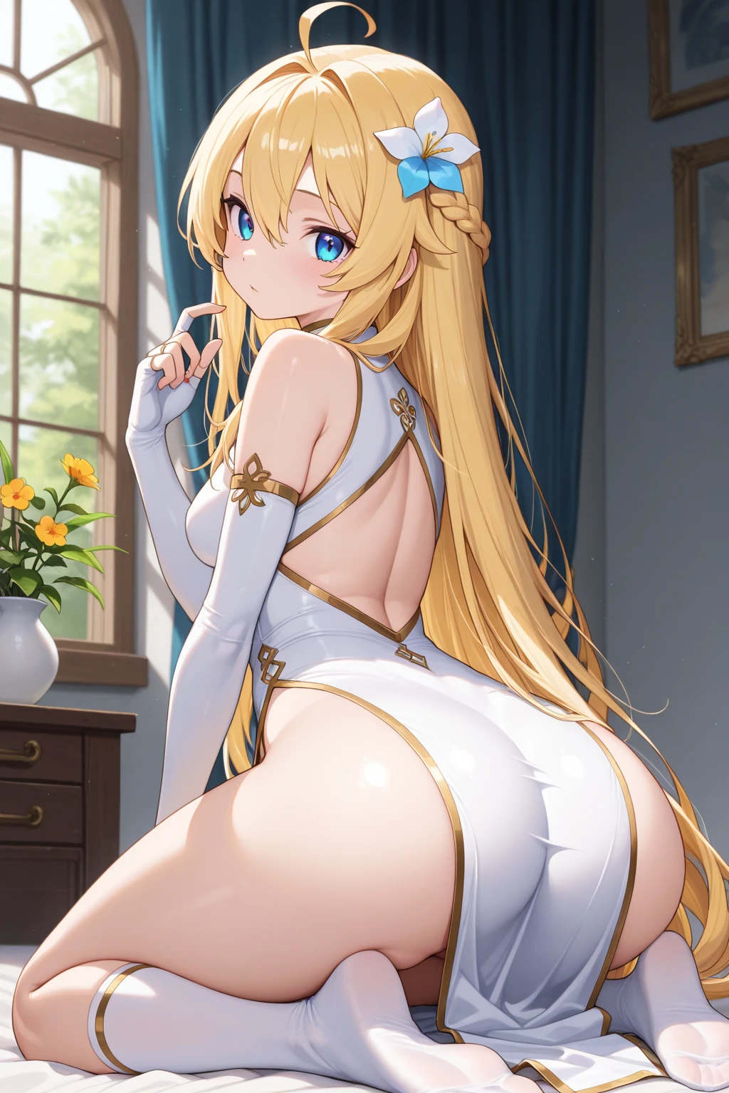 anime, (high quality, detailed, beautiful), shiny, detailed beautiful eyes, outstanding, countershading, detailed soft lighting, an exquisite animation illustration, score_9, score_8_up, score_7_up, source_anime, anime screencap, anime coloring, sidelighting, shiny luminous, 1girl, blonde hair, long hair, blue eyes, forehead, double bun, braided bun, twintails, sidelocks, keyhole, forehead mark, one-piece swimsuit, dress swimsuit, polka dot bow, orange bow, white headgear, Mitre, standing, smile, open mouth, indoors, church, sunlight, shiny skin, wet skin, very sweaty, very wet skin, steaming body, awkward smiles, shy, blush, bent over, ass, (watching from behind), turning back, looking at viewer, cowboy shot, expressiveh, attractive poses, poop, pooping,