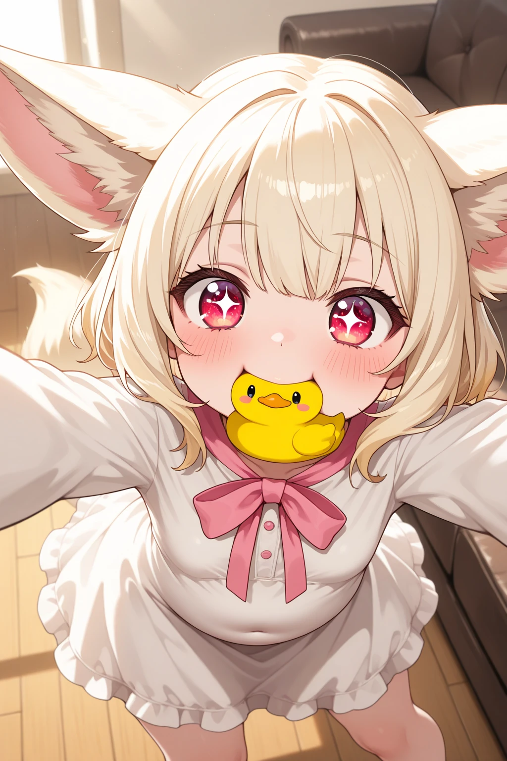 ((masterpiece, best quality)), high resolution,ultra detailed,8k,16k,detailed background, perfect lighting,detailed beautiful eyes, 1girl,solo,embarrassed,blush,steam,sweat,in heat,look at viewer,face focus,(from front:1.4),upper body,provocative eyes,fisheye lens,be breathless,(happy smile,show off armpits,arms up),long nipple,(cum on armpits:1.3)slender,short stature,slender,pale skin,small breast,twin braids,medium hair, blond hair,pink eyes,momoi (blue archive),cat ears,nude