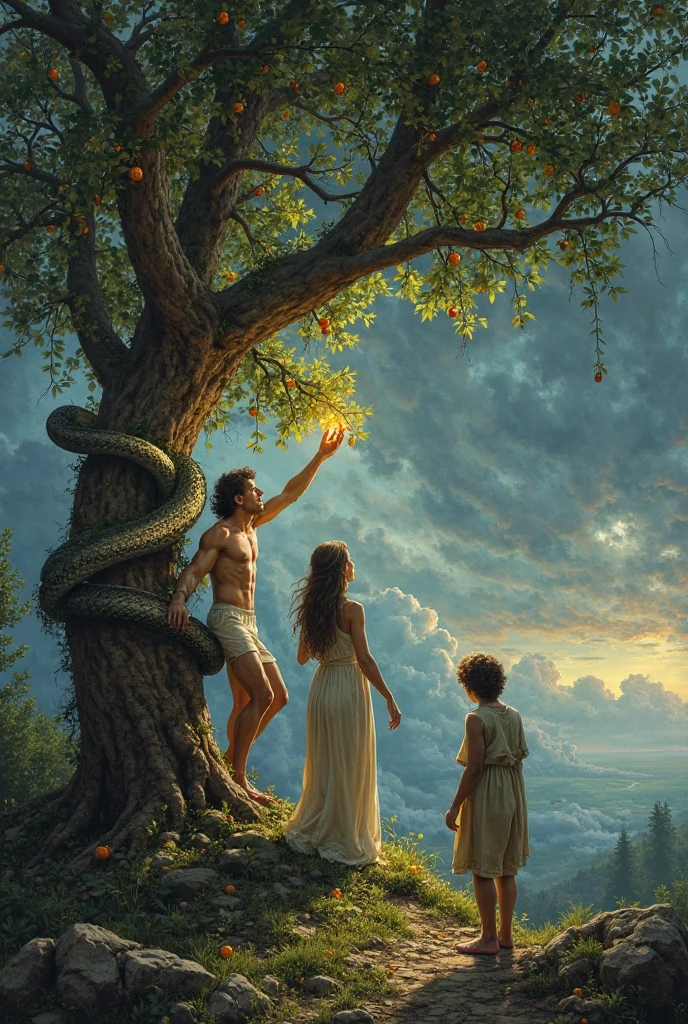 "Create an illustration that depicts the moment God creates Adam and Eve in the Garden of Eden. The scene must capture the serenity and majesty of the divine act, with emphasis on the figure of God giving life to the first human beings."