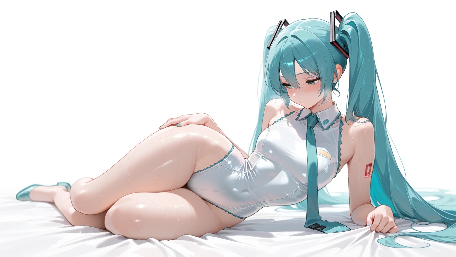 (masterpiece, best quality, 8k wallpaper:1.2 ), ultra detailed, absurdres, highres, long blue-green twintail hair, (hatsune miku:1.3), 7 yo, (1 girl), Elementary school student, short legs, short arms, petit, being stumpy, full body, ((1girl)), (flat chest), (((glossy slippy smooth texture {blue|black} one-piece japanese school swimsuit:1.3))), ((motherhood smile)), (looking at viewer), too sweaty body, silky skin, beautiful eyes, beautiful smile line, big blue eyes, shiny hair, beautiful detailed eyes, beautiful detailed skin, beautiful detailed clothes), framed double flat chest, under bust, too wet skin, too wet clothes, glossy skin, glossy clothes, skindentation, skin tight, thick tight, on the bed, portrait, cute face, kawaii, (((peeping shot from ceiling, flirting))), peeping dripping, wide open legs, wide spread legs, squatting, get on your knees, realistic, realism, photorealistic, (((waterfall white muddy liquid is dripping from the crotch))), both inner thighs, loli child, child girl, toddler:1.1, white nurse cap, too wet see-through too thin white over knee high socks, black thick rubber bracelet