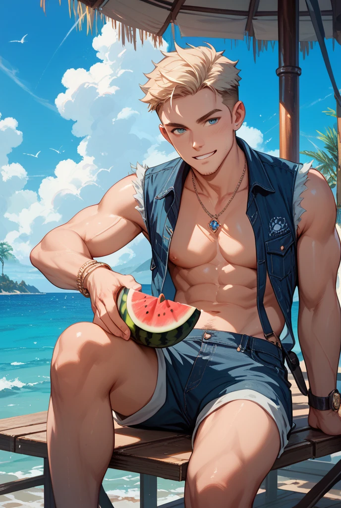 A muscular man with blue eyes and long white hair in swim trunks is eating watermelon at the beach